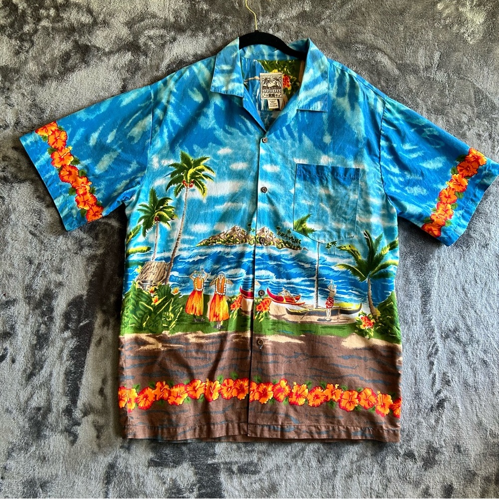 Vtg Steve & Barry's Men's Camp Hawaiian Hula Palm Trees Short Sleeve Shirt‎ Sz L